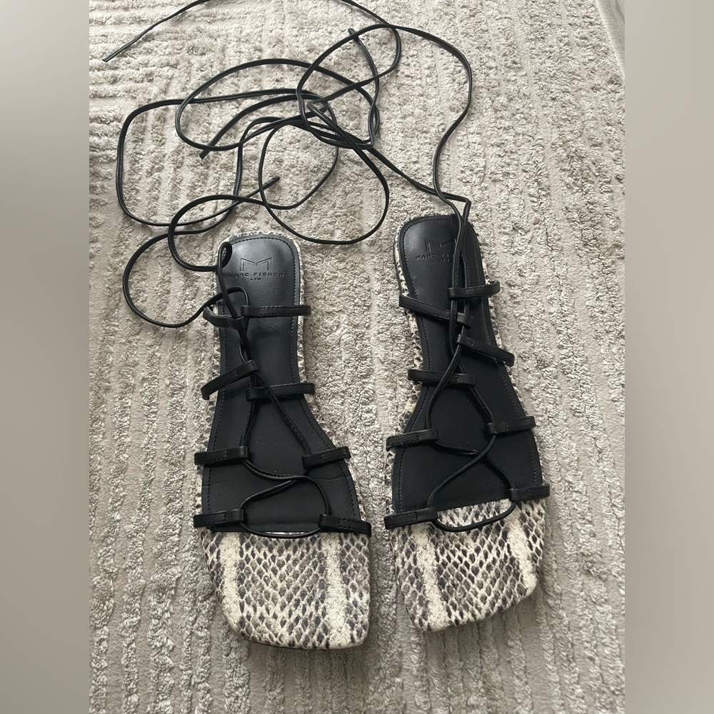 Marc Fisher Black Lace-Up Gladiator Sandal with Snake-Print Footbed - Picture 2 of 6